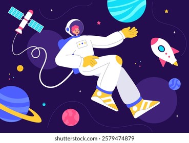 Space Exploration Vector Illustration featuring an Astronaut Floating in Outer Space Among Planets and a Rocket Embarking on a Galaxy Adventure