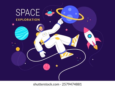 Space Exploration Vector Illustration featuring an Astronaut Floating in Outer Space Among Planets and a Rocket Embarking on a Galaxy Adventure