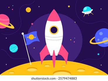 Space Exploration Vector Illustration featuring an Astronaut Floating in Outer Space Among Planets and a Rocket Embarking on a Galaxy Adventure