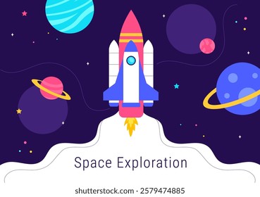 Space Exploration Vector Illustration featuring an Astronaut Floating in Outer Space Among Planets and a Rocket Embarking on a Galaxy Adventure