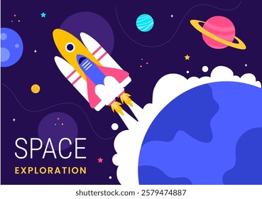 Space Exploration Vector Illustration featuring an Astronaut Floating in Outer Space Among Planets and a Rocket Embarking on a Galaxy Adventure