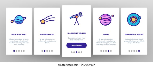 Space Exploration Vector Onboarding Mobile App Page Screen. Outer Space, Extraterrestrial Life Linear Pictograms. Solar System, Moon Surface Research, Satellites, Telescopes, Spaceships Illustrations