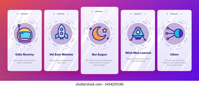 Space Exploration Vector Onboarding Mobile App Page Screen. Outer Space, Extraterrestrial Life Linear Pictograms. Solar System, Moon Surface Research, Satellites, Telescopes, Spaceships Illustrations