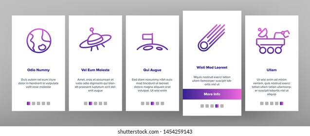 Space Exploration Vector Onboarding Mobile App Page Screen. Outer Space, Extraterrestrial Life Linear Pictograms. Solar System, Moon Surface Research, Satellites, Telescopes, Spaceships Illustrations