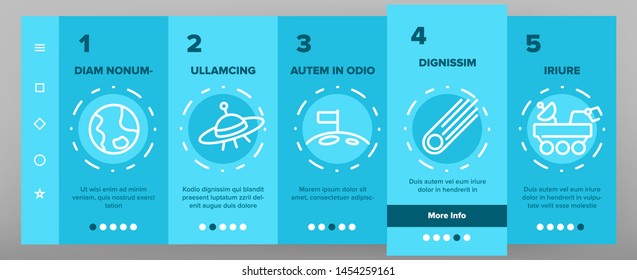 Space Exploration Vector Onboarding Mobile App Page Screen. Outer Space, Extraterrestrial Life Linear Pictograms. Solar System, Moon Surface Research, Satellites, Telescopes, Spaceships Illustrations