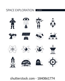 Space Exploration - Vector Set Of Black Icons On White Background. Galaxy, Cosmic Exploration Idea. Astronaut, Capsule, Rocket, Blaster, Robot Rover, Orbit, Satellite Dish, Shuttle, Colonization