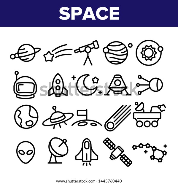 Space Exploration Vector Thin Line Icons\
Set. Outer Space, Extraterrestrial Life Linear Pictograms. Solar\
System, Moon Surface Research, Satellites, Telescopes, Spaceships\
Contour Illustrations