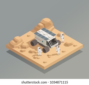 Space exploration vehicle isometric composition with planetary rover and spaceflight crew members astronauts in spacesuits vector illustration 