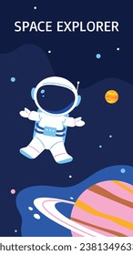Space exploration vertical banner. Astronaut in openspace. Space travel poster. Flat vector illustration
