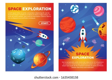 Space exploration vertical game banners with flying rockets meteoroids stars comets and planets of the solar system cartoon vector illustration