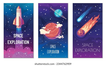 Space exploration vertical posters cartoon set with rocket launch planets and meteorites isolated vector illustration