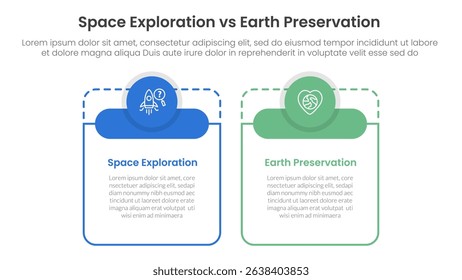 space exploration vs earth preservation comparison concept for infographic template banner with big table shape round circle header with two point list information vector