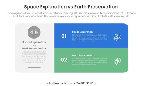 space exploration vs earth preservation comparison concept for infographic template banner with big round box and stack list with two point list information vector