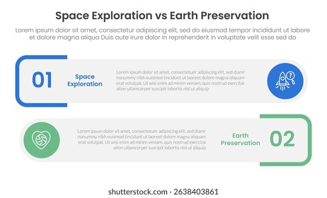 space exploration vs earth preservation comparison concept for infographic template banner with round rectangle box stack with two point list information vector