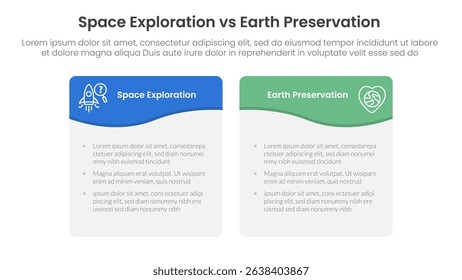 space exploration vs earth preservation comparison concept for infographic template banner with wave swirl curve table box with two point list information vector