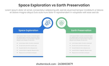 space exploration vs earth preservation comparison concept for infographic template banner with big box table with bubble circle header badge with two point list information vector