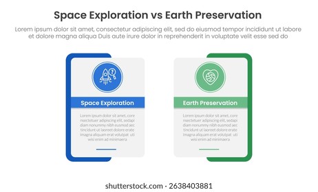 space exploration vs earth preservation comparison concept for infographic template banner with rectangle shape bold outline and circle badge with two point list information vector