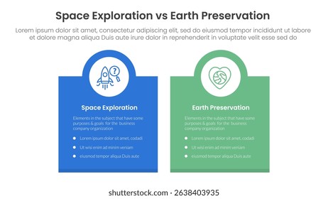 space exploration vs earth preservation comparison concept for infographic template banner with box banner and circle on top with two point list information vector