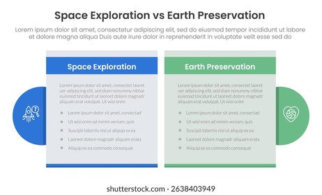 space exploration vs earth preservation comparison concept for infographic template banner with table box and circle accessories with two point list information vector