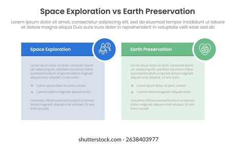 space exploration vs earth preservation comparison concept for infographic template banner with table box and circle badge with two point list information vector