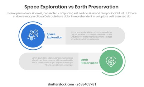 space exploration vs earth preservation comparison concept for infographic template banner with big circle and long rectangle round shape with two point list information vector