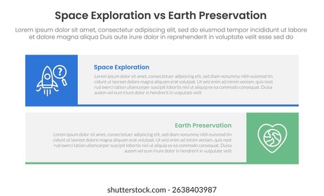 space exploration vs earth preservation comparison concept for infographic template banner with long rectangle box horizontal stack with two point list information vector
