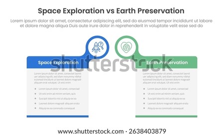 space exploration vs earth preservation comparison concept for infographic template banner with big box table with bubble circle header badge with two point list information vector