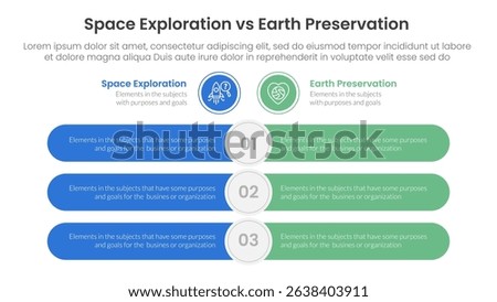 space exploration vs earth preservation comparison concept for infographic template banner with round rectangle bar opposite with two point list information vector