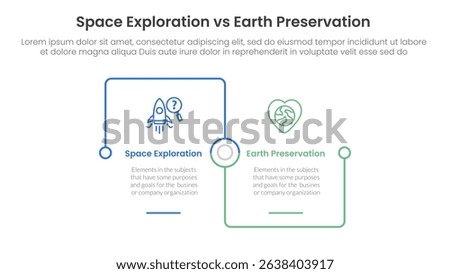 space exploration vs earth preservation comparison concept for infographic template banner with square outline linked connection square base with two point list information vector