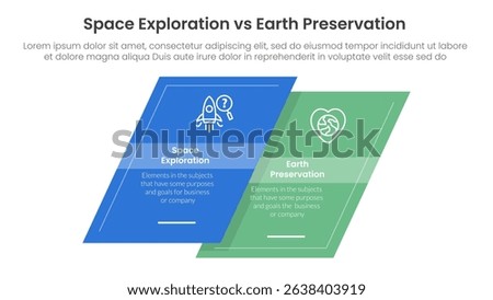 space exploration vs earth preservation comparison concept for infographic template banner with skewed square shape with two point list information vector