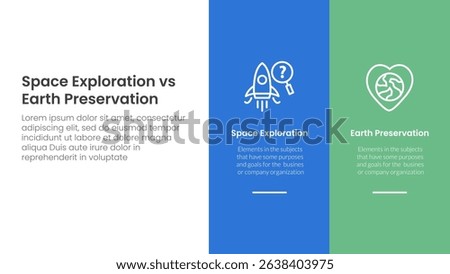 space exploration vs earth preservation comparison concept for infographic template banner with big column banner on right layout with two point list information vector