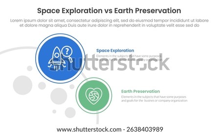 space exploration vs earth preservation comparison concept for infographic template banner with big and small circle on left column with two point list information vector