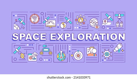 Space Exploration Word Concepts Purple Banner. Outer Space Researching. Infographics With Icons On Color Background. Isolated Typography. Vector Illustration With Text. Arial-Black Font Used