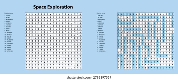 Space exploration word search on light blue background