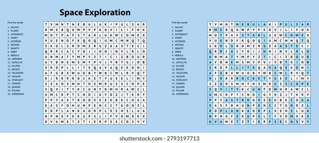 Space Exploration Word Search on Solid Blue Background
