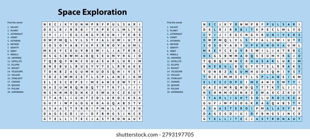 Space exploration word search puzzle on blue texture background