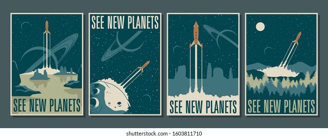 Space Explorations Retro Future Space Posters Style, Rocket Launch, Unknown Planets, Extraterrestrial Landscapes