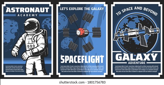 Space explore, astronaut academy retro vector posters. Cosmos research, galaxy expedition adventure vintage cards with astronaut space explorer, satellites and earth planet and moon in outer space