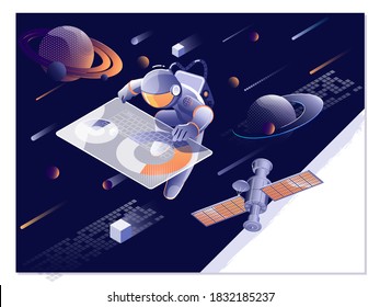 Space explore. Astronaut, asteroid, comet and space object set vector illustration.Flat cartoon style design.