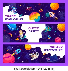 Space explore banners with alien and kid astronaut cartoon character in outer space, galaxy planets and stars. Cosmos travel, universe research or outerspace adventure vector horizontal banners