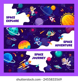 Space explore banners with cute alien and kid astronaut cheerful characters flying on rocket in space, galaxy planets and stars. Astronomy flight, universe exploration or cosmos travel vector banners