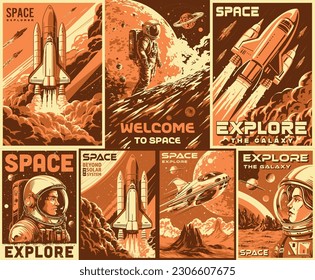 Space explore monochrome set posters for decoration of science fiction club about traveling galaxy on spaceship vector illustration