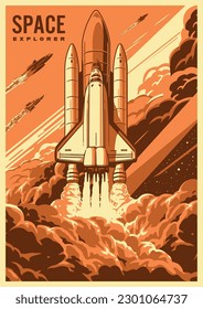 Space explore monochrome vintage poster with shuttle starting from planet to fight aliens or evacuate people vector illustration