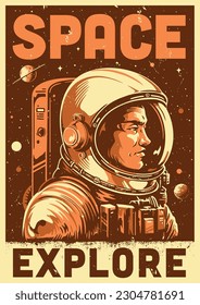 Space explore monochrome vintage poster with male astronaut in protective spacesuit exploring alien planets in search of water vector illustration