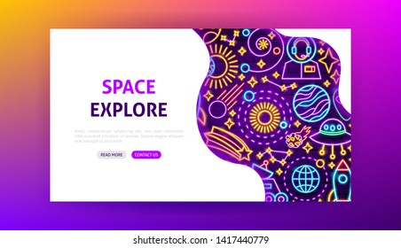 Space Explore Neon Landing Page. Vector Illustration of Cosmic Promotion.