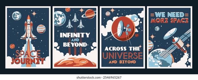 Space explore posters. Astronomy and cosmos research, universe galaxy adventures, rockets, satellites, stations and planets, banner or card design, cartoon flat isolated tidy vector set