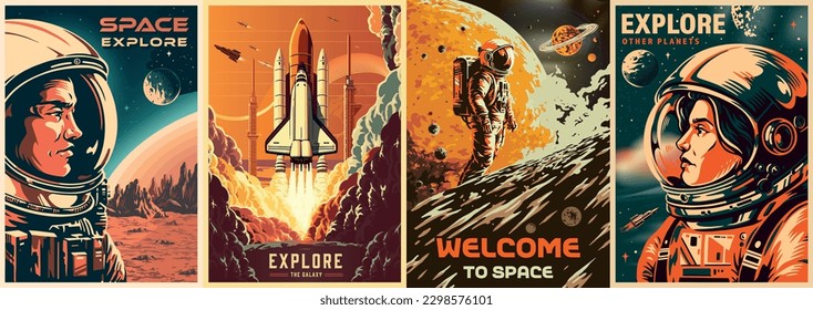 Space explore set flyers colorful with astronauts landed on planet to start mission of colonization and spaceship vector illustration - Shutterstock ID 2298576101