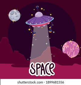 space explore ufo moon planet surface cartoon vector illustration
