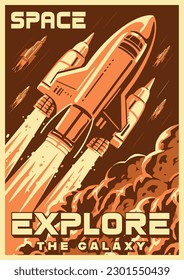 Space explore vintage flyer monochrome with shuttle taking off releasing fire and smoke for scenery movie about universe vector illustration