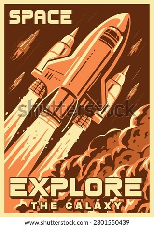 Space explore vintage flyer monochrome with shuttle taking off releasing fire and smoke for scenery movie about universe vector illustration